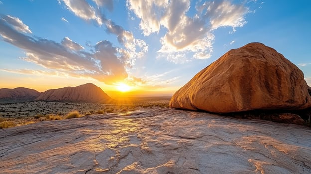 Stunning sunset over Uluru with dramatic clouds and rocky landscape photo