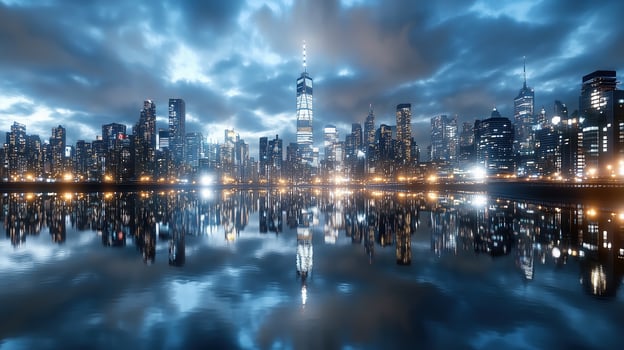 Vibrant city skyline at night with reflections on water, showcasing modern architecture photo
