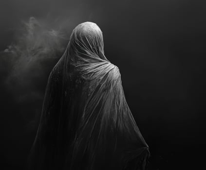 Mysterious figure draped in sheer fabric in a dark setting photo