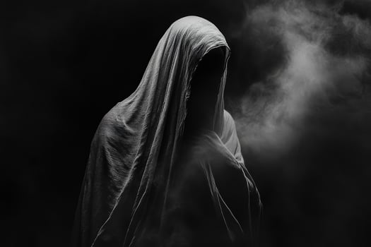 Mysterious figure shrouded in smoke and darkness creating an eerie atmosphere photo