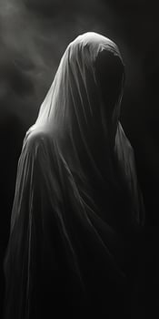 Mysterious figure shrouded in dark fabric appears in dimly lit space photo