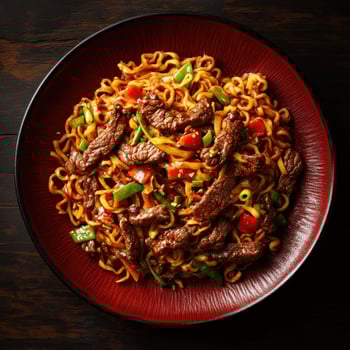 Flavorful beef stir-fried noodles with colorful vegetables in a bowl photo