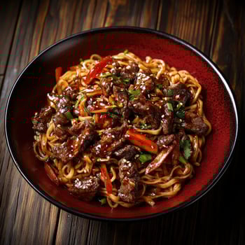 Savory beef stir-fry with noodles and vegetables served in a bold bowl photo