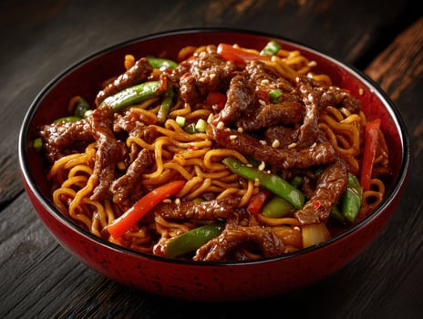 Beef stir-fry with noodles and vegetables served in a red bowl photo