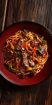 Delicious stir-fried beef and noodles with vibrant vegetables in bowl photo