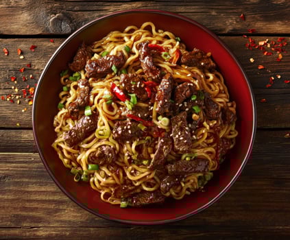 Savory beef stir-fry noodles served in a red bowl on wooden table photo