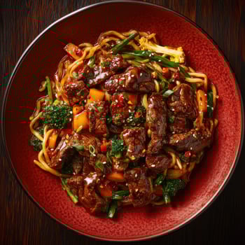 Flavorful beef stir-fry with vegetables and noodles in a vibrant setting photo