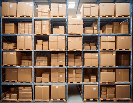 Warehouse shelves containing stock boxes photo