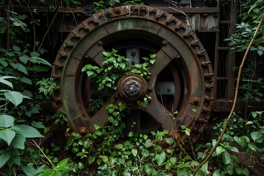 Overgrown Rusty Metal Gear Wheel in Lush Tropical Jungle photo