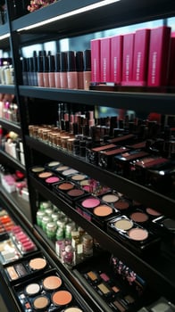 Makeup display featuring various cosmetics in a modern beauty store environment photo