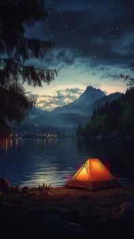 A tent is lit up on the shore of a lake at night photo