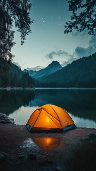 Camping tent on the shore of a lake at night photo
