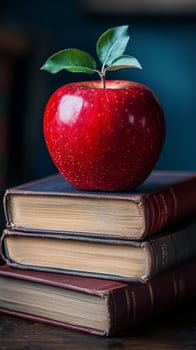 A red apple sitting on top of three books photo