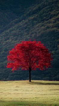 A red tree stands alone in a field photo