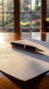 Pen on a paper on a wooden table photo