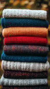 A stack of colorful knitted sweaters photo
