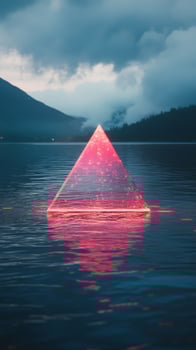 A pyramid shaped light is floating in the water photo