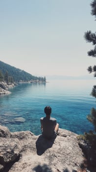 A person sitting on a rock overlooking a lake photo