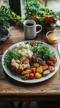 A plate of food with rice, meat and vegetables photo