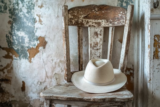 A hat sits on a chair in an old, weathered room photo