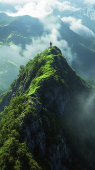 A lone person standing on top of a mountain photo