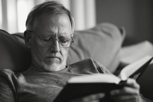 A man with glasses reading a book photo