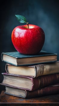 An apple sits on top of a stack of books photo