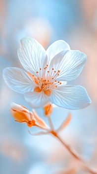 White Close-up blossoms opening delicately on flowering branch, soft blue sky backdrop highlighting seasonal renewal spring photo