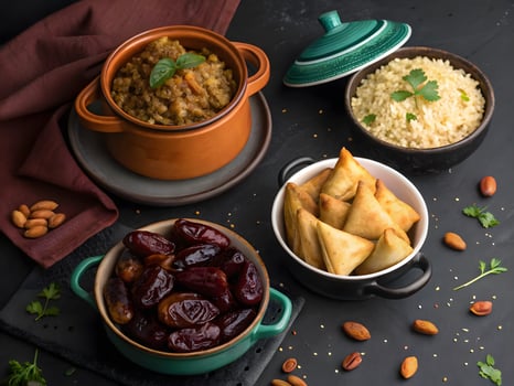 ramadan foods on some pots, some dates around, dark background photo