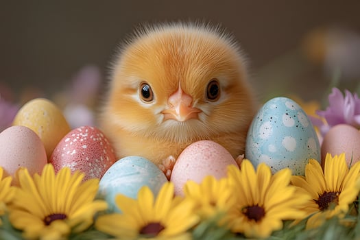 Adorable Easter Chick Surrounded by Vibrant Eggs and Spring Flowers photo