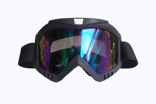 A goggles with a purple tint. The goggles are black and have a strap that goes around the head photo