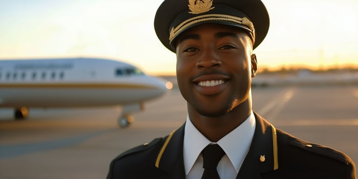 Pilot smiles confidently during sunset at the airport near the airplane photo