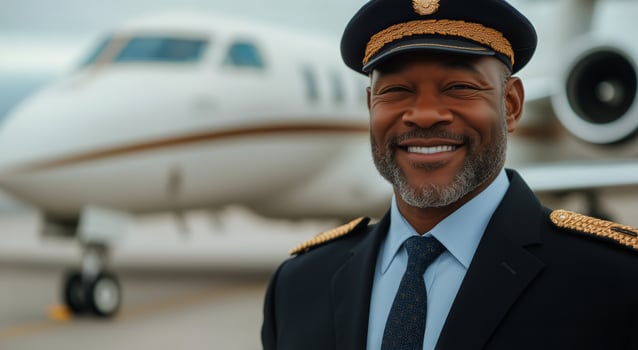 Experienced pilot poses confidently in front of private jet at an airport photo