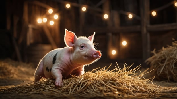 A cute piglet resting on hay with warm lights in the background. photo