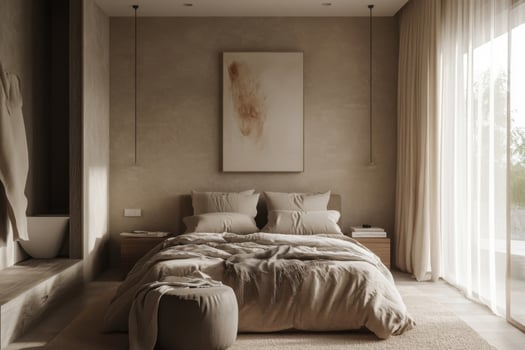 Modern minimalist bedroom with natural light and neutral tones in a serene environment photo