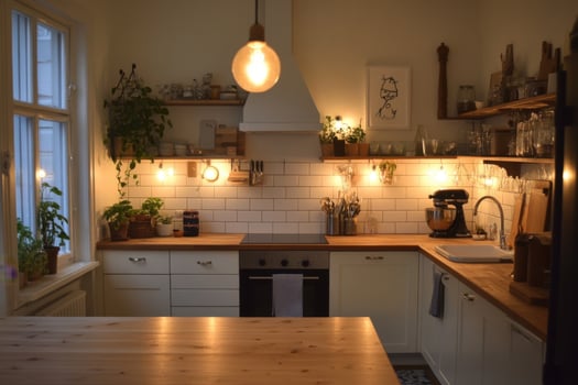 Cozy kitchen with warm lighting, wooden accents, and greenery in a modern home setting photo