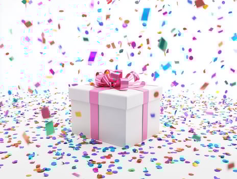 White gift box with a shiny pink bow placed amid a shower of multicolored confetti. photo