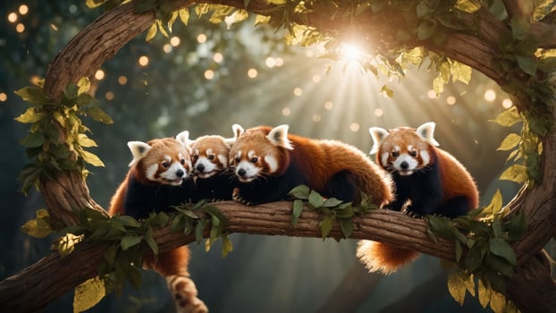 A cozy group of red pandas resting together on a branch in a serene forest setting. photo