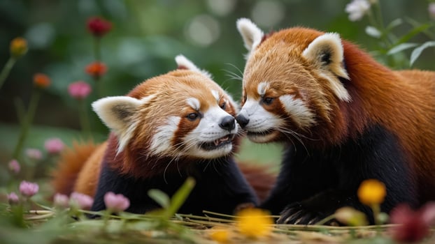 Two red pandas interacting in a vibrant floral setting. photo