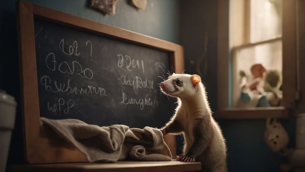 A ferret stands by a chalkboard in a cozy room, suggesting a playful learning environment. photo