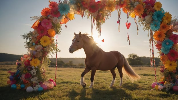 A horse walks gracefully through a floral arch at sunset, creating a whimsical atmosphere. photo