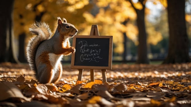 A squirrel stands beside a chalkboard in a park filled with autumn leaves. photo