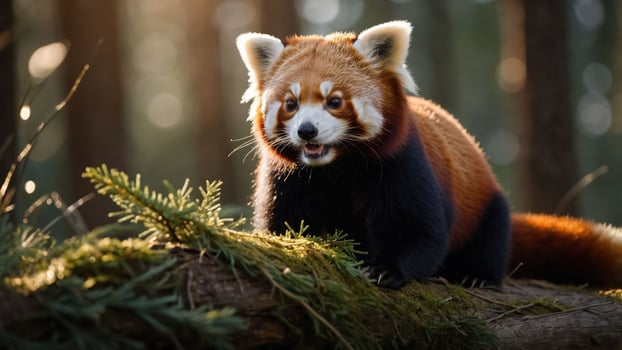 A red panda standing on a log in a forest, showcasing its vibrant fur and playful demeanor. photo