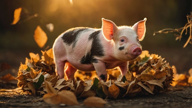 A cute piglet stands amidst autumn leaves, illuminated by warm sunlight. photo