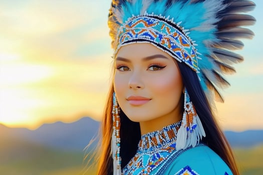 Young woman in tribal headdress with feathers and beads stands proudly at sunset in a mountainous landscape photo