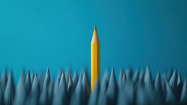 Yellow pencil standing out among blue pencils on a gradient background photo