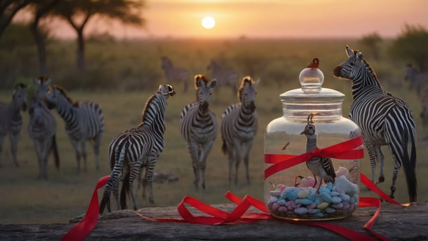A whimsical scene featuring zebras with a jar of colorful candies at sunset. photo