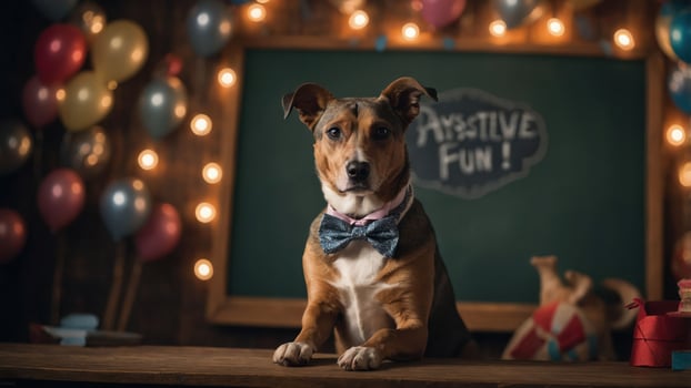 A dog in a bow tie poses in a festive setting with balloons and a chalkboard. photo