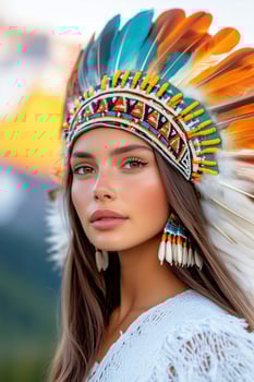 Young woman in tribal headdress with feathers and beads poses against a stunning sunset in mountainous landscape, capturing cultural beauty and natures splendor photo