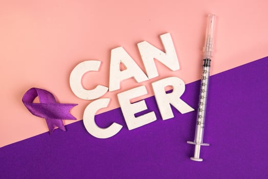 The word cancer spelled out with letters a purple ribbon and a syringe. Cancer awareness. World cancer day concept background photo